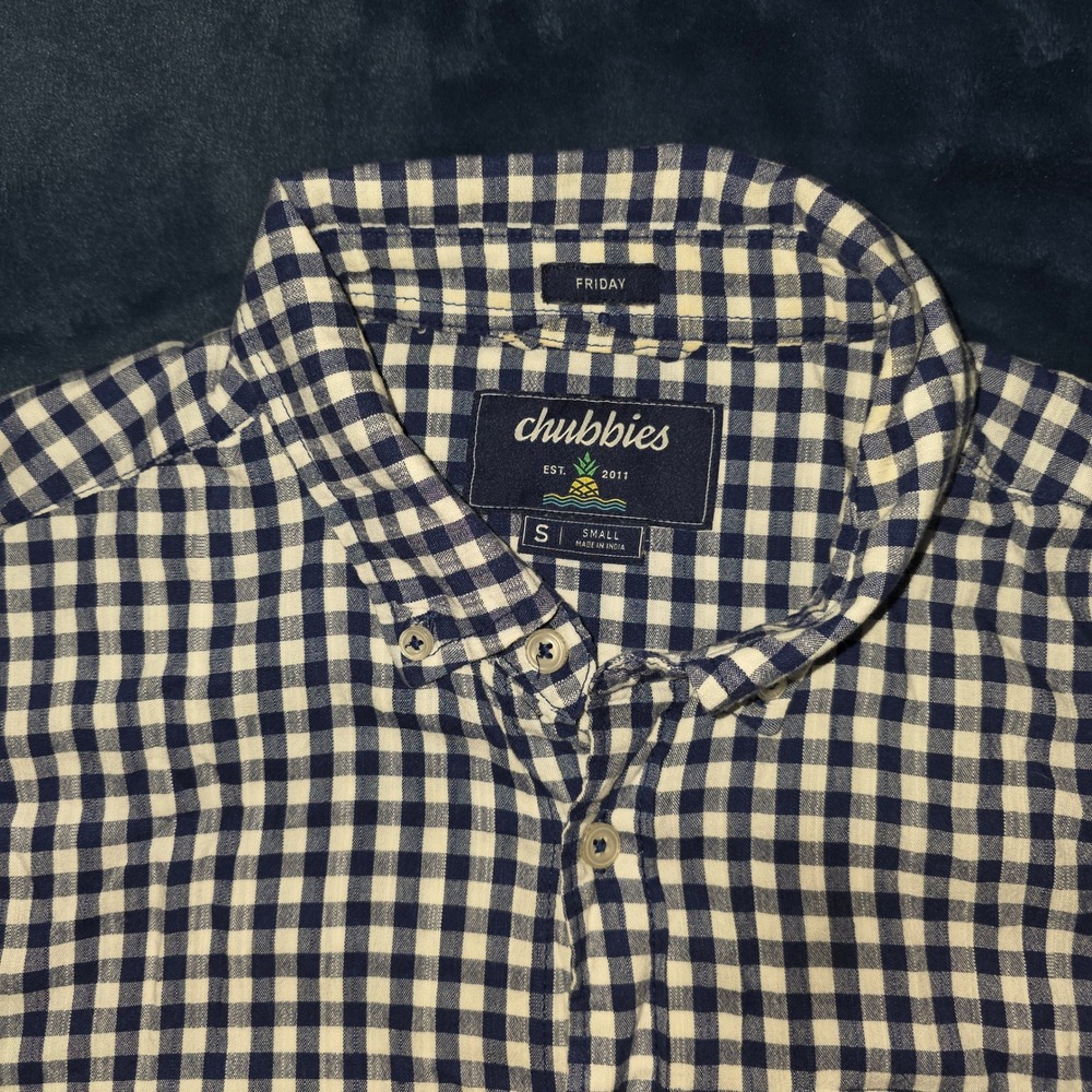 Chubbies Mens Friday Short Sleeve Gingham Button Down Shirt Blue White Small